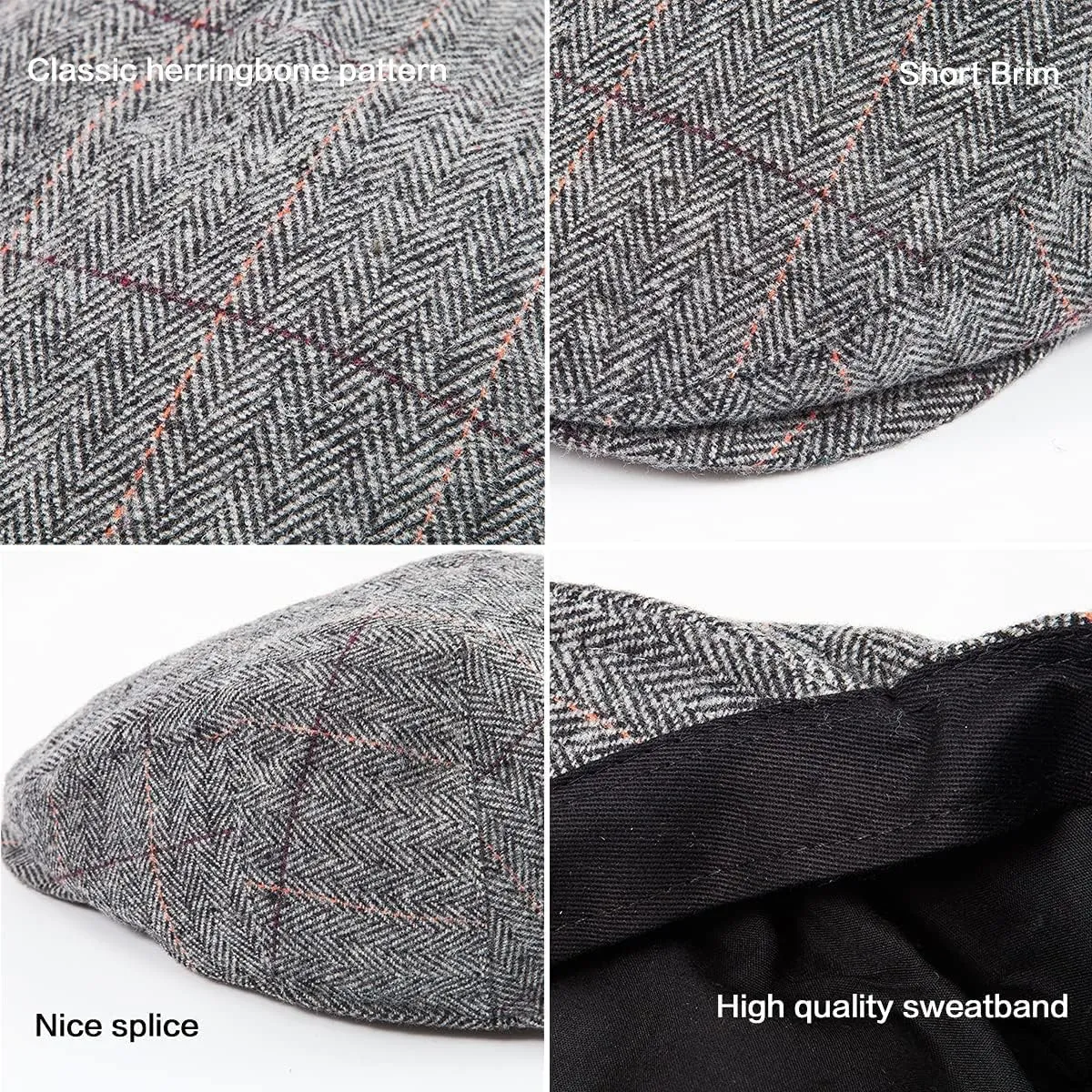 Herringbone Flat Ivy Newsboy Cap for Men Classic Wool Blend Tweed Cabbie Hat