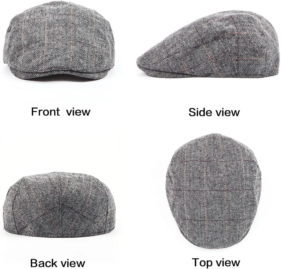 Herringbone Flat Ivy Newsboy Cap for Men Classic Wool Blend Tweed Cabbie Hat