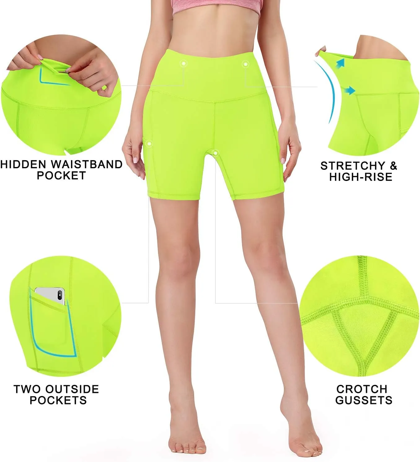 HISKYWIN 5"/8" Inseam High Waist Women Yoga Shorts Compression Exercise Workout Running Shorts Pockets