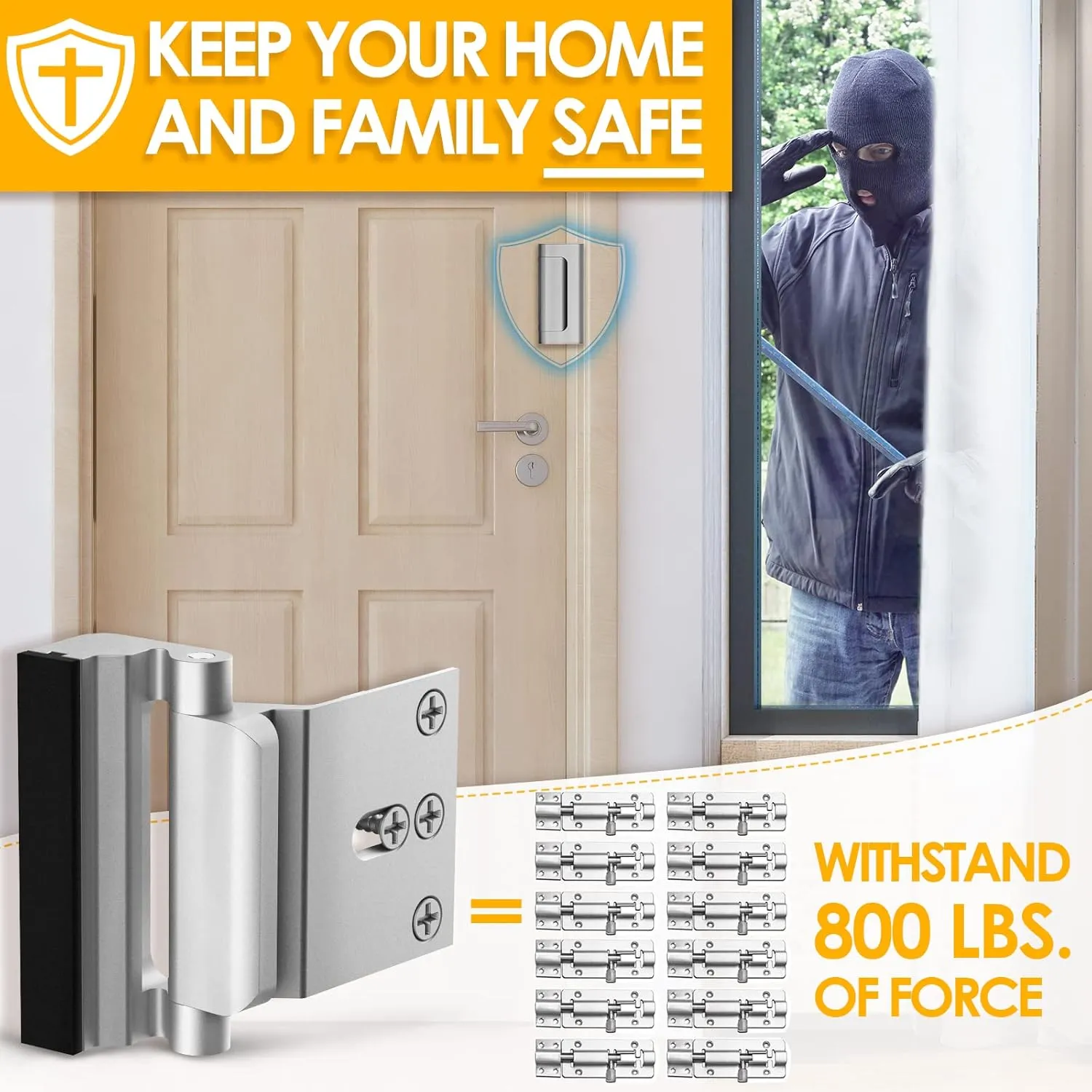 Home Security Door Lock, 2 Pack Childproof Door Reinforcement Lock with 3 Inch Stop Withstand 800 lbs for Top Front Inward Swinging Door, Upgrade Flip High Night Lock to Defend Your Home Kids