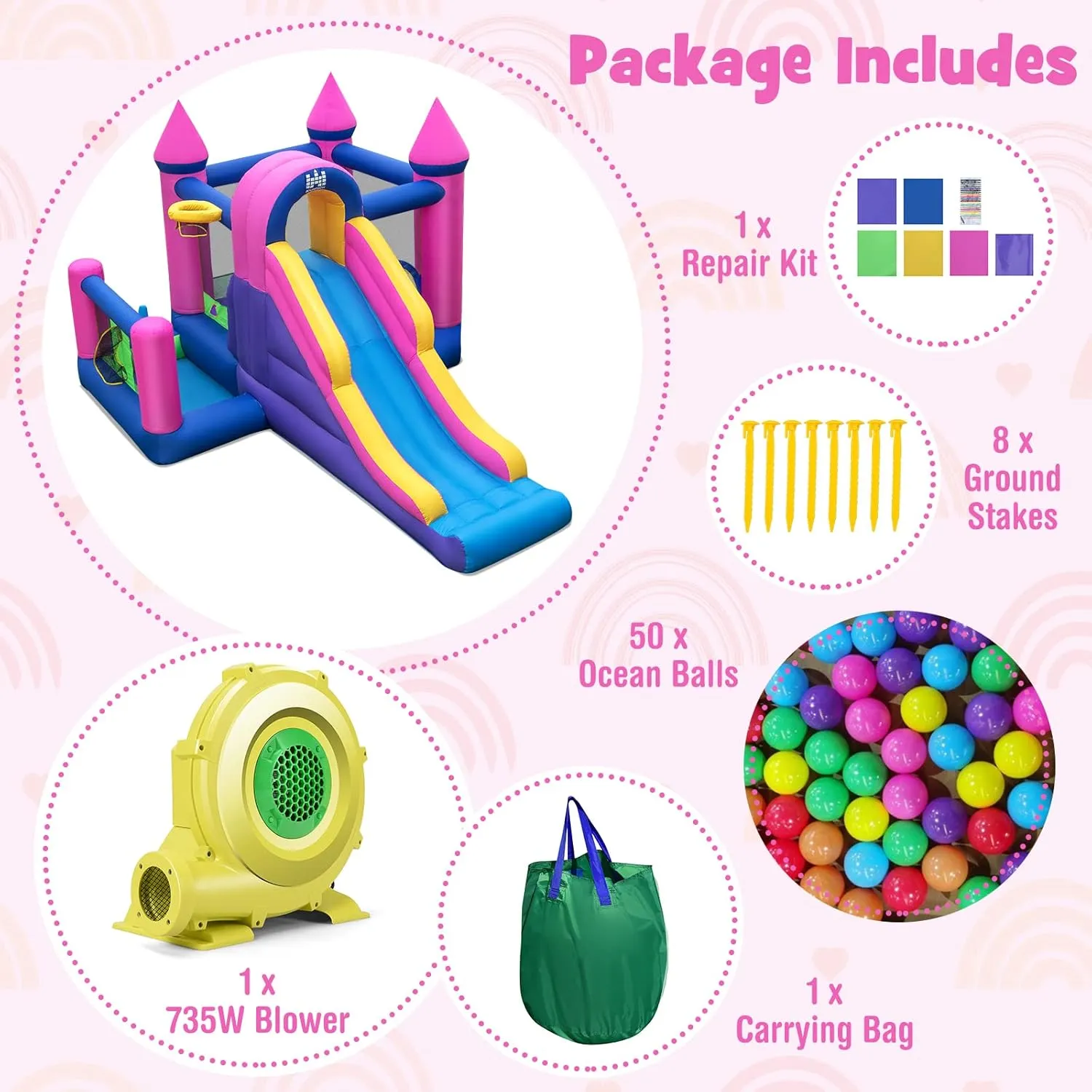 HONEY JOY Inflatable Bounce House with 735w Blower, 7 in 1 Jumping Bouncy House for Kids w/Slide, Climbing Wall, Ocean Balls Pit, Indoor Outdoor Toddler Bounce House for Backyard, Gift for Boys Girls