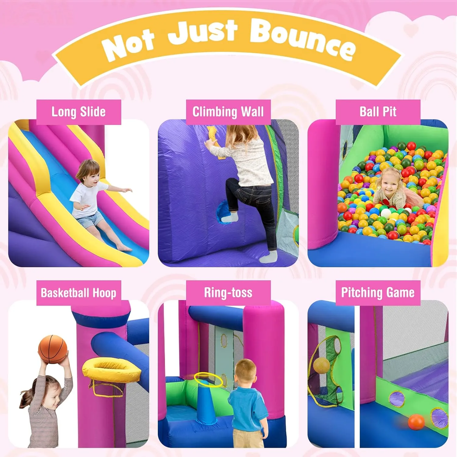 HONEY JOY Inflatable Bounce House with 735w Blower, 7 in 1 Jumping Bouncy House for Kids w/Slide, Climbing Wall, Ocean Balls Pit, Indoor Outdoor Toddler Bounce House for Backyard, Gift for Boys Girls