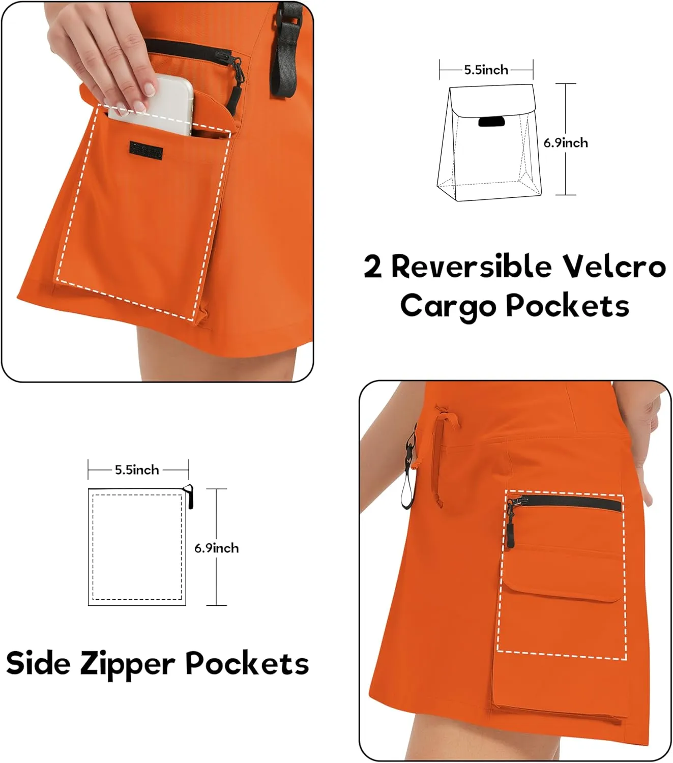 Idtswch Women's 16" High Waisted Hiking Cargo Skort with Zipper Pockets - Quick Dry Golf & Workout Skirt