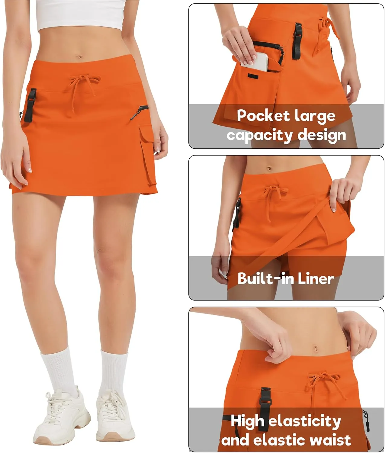 Idtswch Women's 16" High Waisted Hiking Cargo Skort with Zipper Pockets - Quick Dry Golf & Workout Skirt