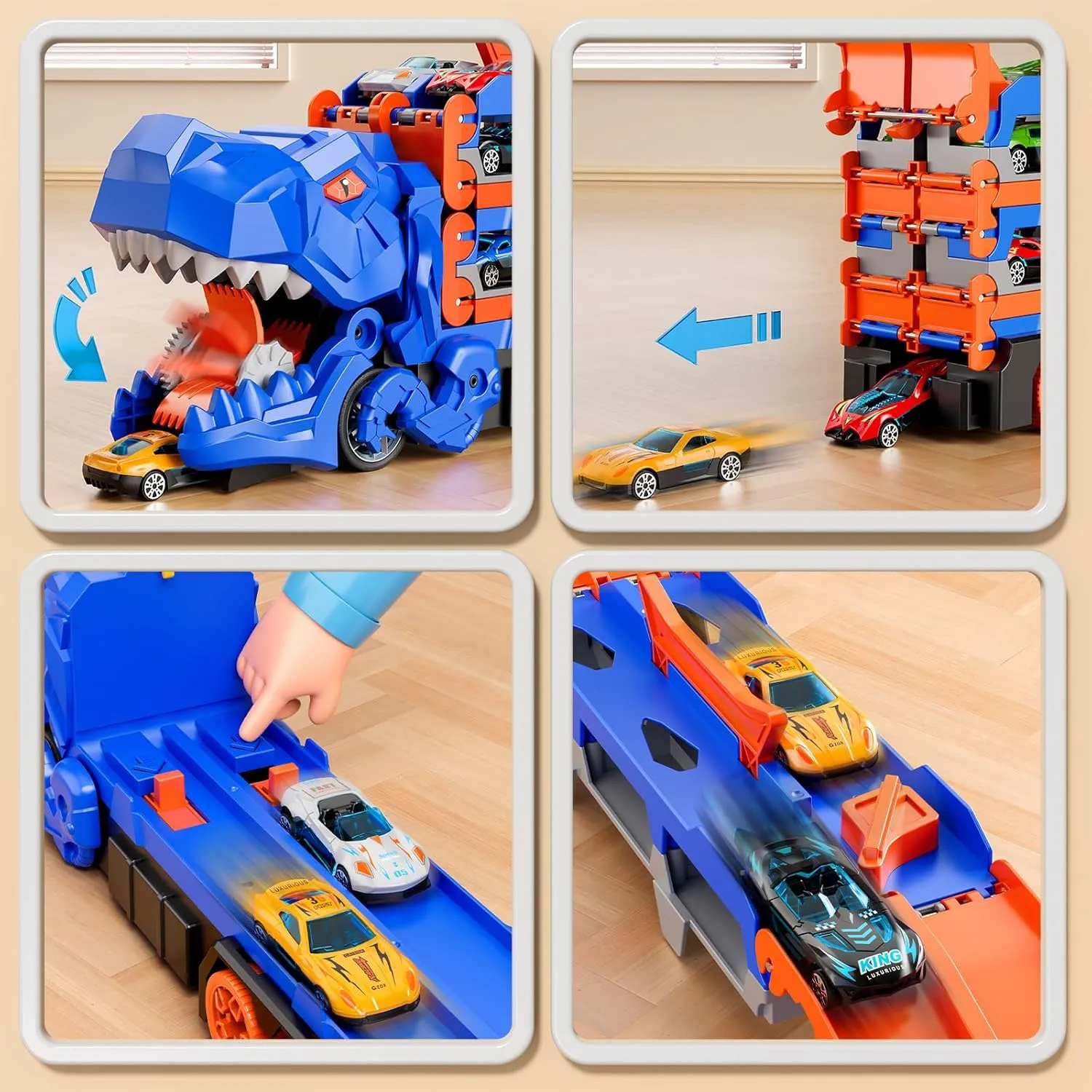 iHaHa Dinosaur Race Track Toys for Ages 3-4 4-6, 59-inches Transport Dinosaur Truck with 12 Die-cast Cars, Carrier Truck Toy Birthday Gifts Toys for 3 4 5 6 Year Old Boy