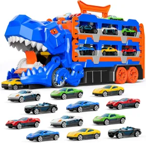 iHaHa Dinosaur Race Track Toys for Ages 3-4 4-6, 59-inches Transport Dinosaur Truck with 12 Die-cast Cars, Carrier Truck Toy Birthday Gifts Toys for 3 4 5 6 Year Old Boy