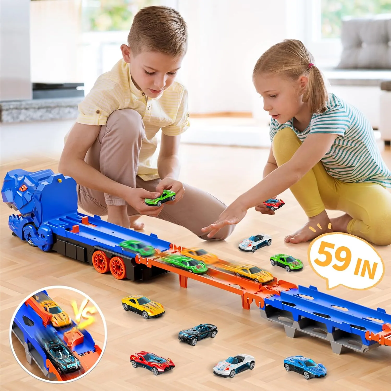 iHaHa Dinosaur Race Track Toys for Ages 3-4 4-6, 59-inches Transport Dinosaur Truck with 12 Die-cast Cars, Carrier Truck Toy Birthday Gifts Toys for 3 4 5 6 Year Old Boy