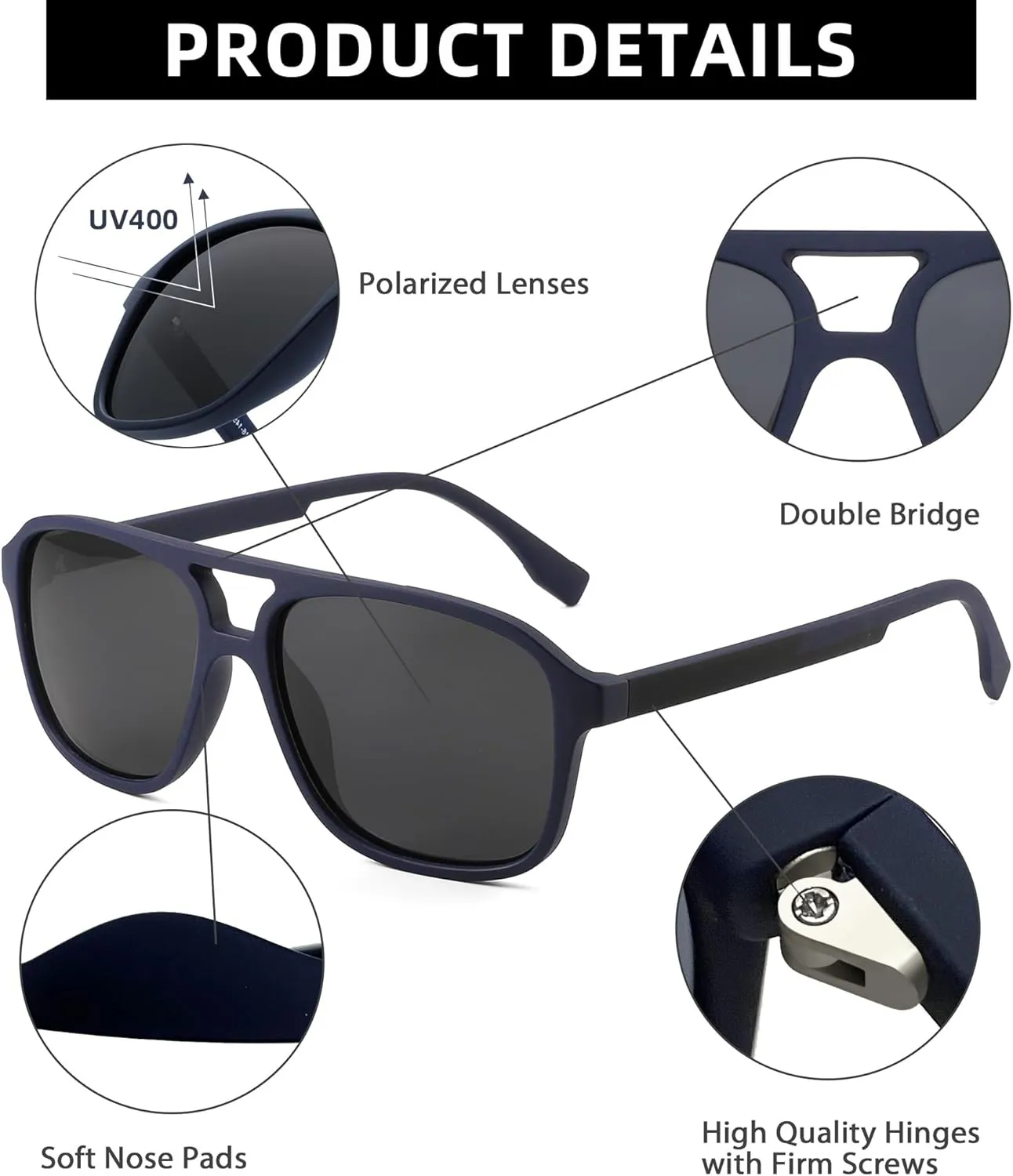 JIM HALO Polarized Aviator Sunglasses Men Women Vintage Square Driving Glasses (Matte Blue Frame/Polarized Grey Lens)