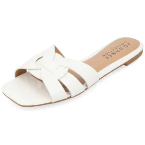 Journee Womens Flat Open Square Toe Fashion Banded Sandal Comfortable Dressy Slip On Arrina Slide White 8 Medium Womens US