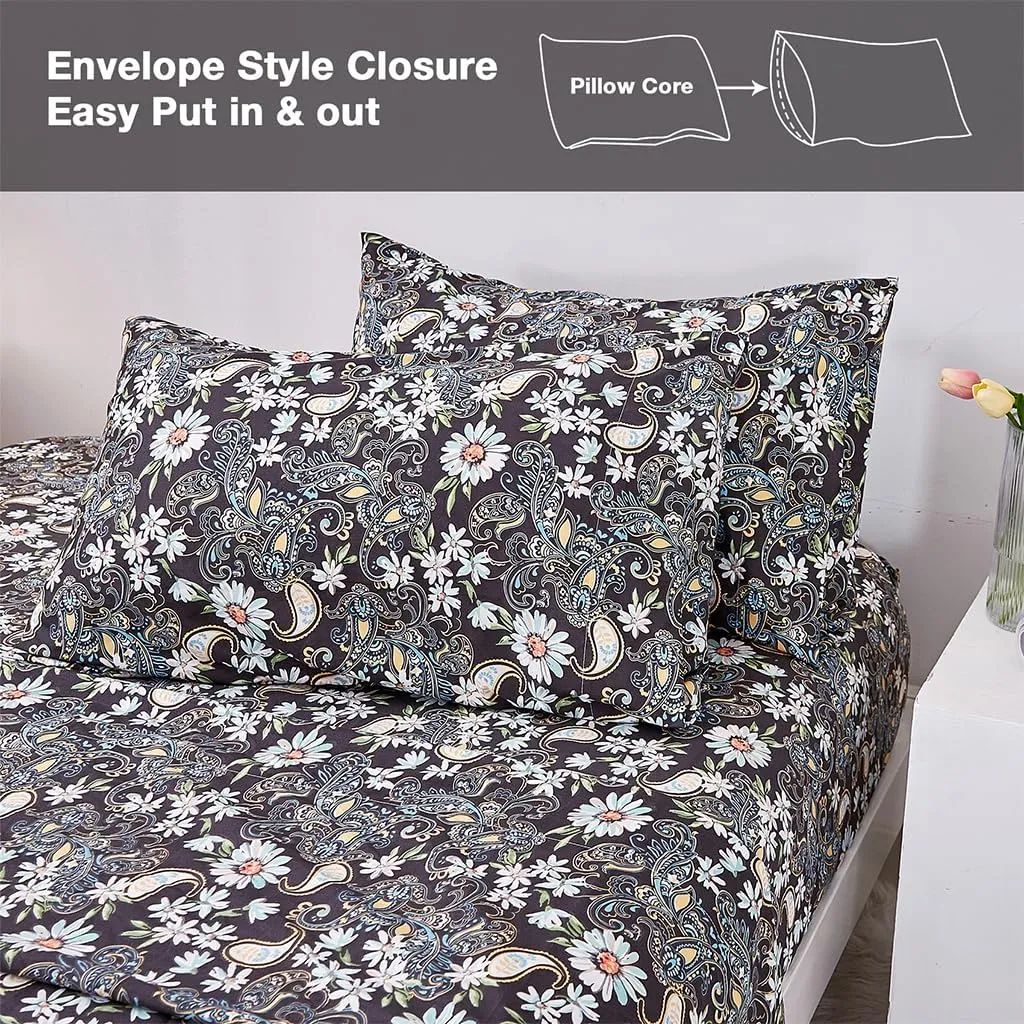 JSD Black Paisley Floral Printed Sheet Set King Size, 4 Piece Soft Pattern Microfiber Sheets Extra Deep Pocket