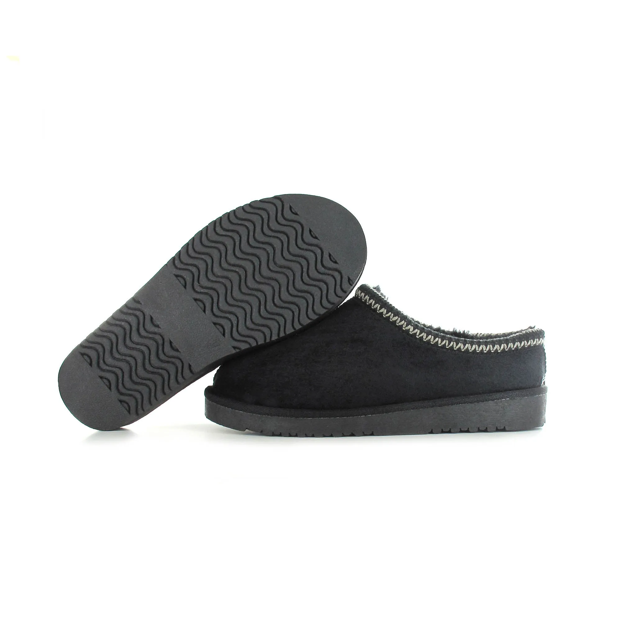 Kelly: Embroided Faux Fur Lined Mule Slippers - Black