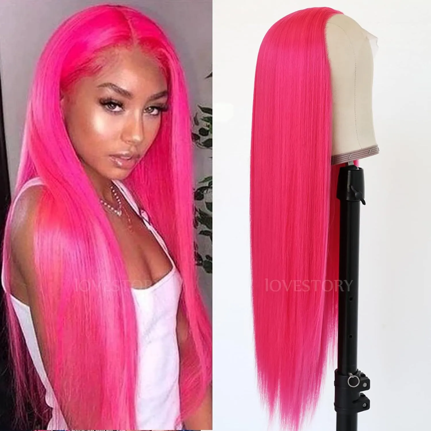 Lovestory Magenta Hair Lace Front Wigs Long Straight Hot Pink Color Heat Resistant Hair Glueless Synthetic Lace Frontal Wig for Women