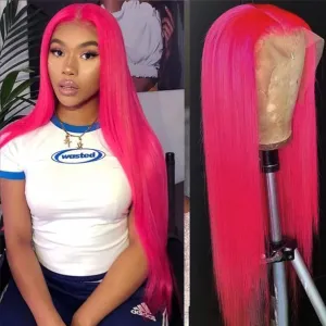 Lovestory Magenta Hair Lace Front Wigs Long Straight Hot Pink Color Heat Resistant Hair Glueless Synthetic Lace Frontal Wig for Women