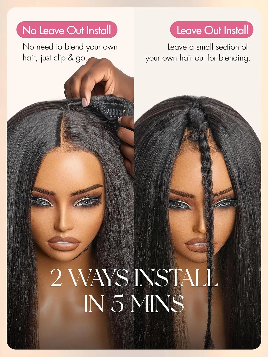 LUVME HAIR V Part Wig Human Hair Drawstring Yaki Straight Half Wig 18 inch U Part 100% Real Human Hair Glueless None Lace Wigs Virgin Hair Machine Made 200 Density Natural Color
