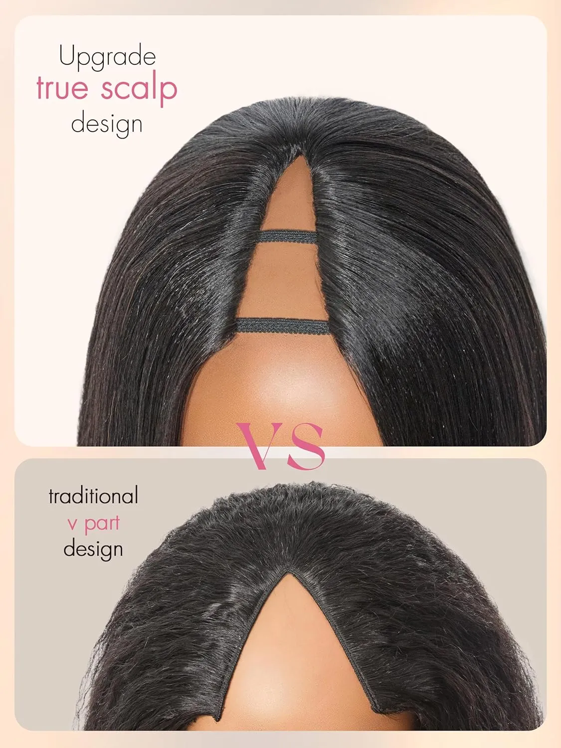LUVME HAIR V Part Wig Human Hair Drawstring Yaki Straight Half Wig 18 inch U Part 100% Real Human Hair Glueless None Lace Wigs Virgin Hair Machine Made 200 Density Natural Color