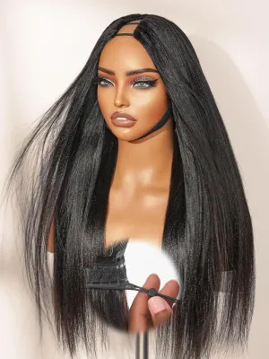 LUVME HAIR V Part Wig Human Hair Drawstring Yaki Straight Half Wig 18 inch U Part 100% Real Human Hair Glueless None Lace Wigs Virgin Hair Machine Made 200 Density Natural Color