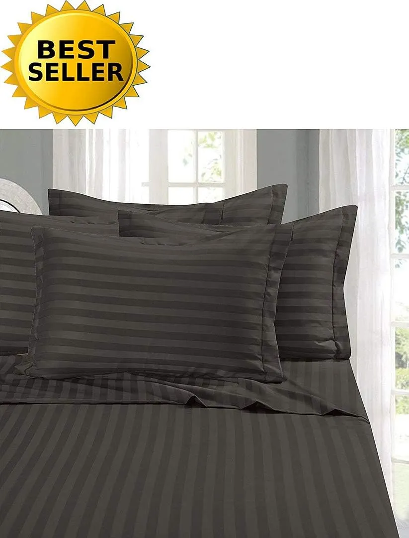 Luxury Hotel Sheet 620 Thread Count 100% Egyptian Cotton Deep Pocket Sateen Weave Sheet Set (10-14 inch Depth) Elephant Grey Stripe, Queen - 60'' x 80''