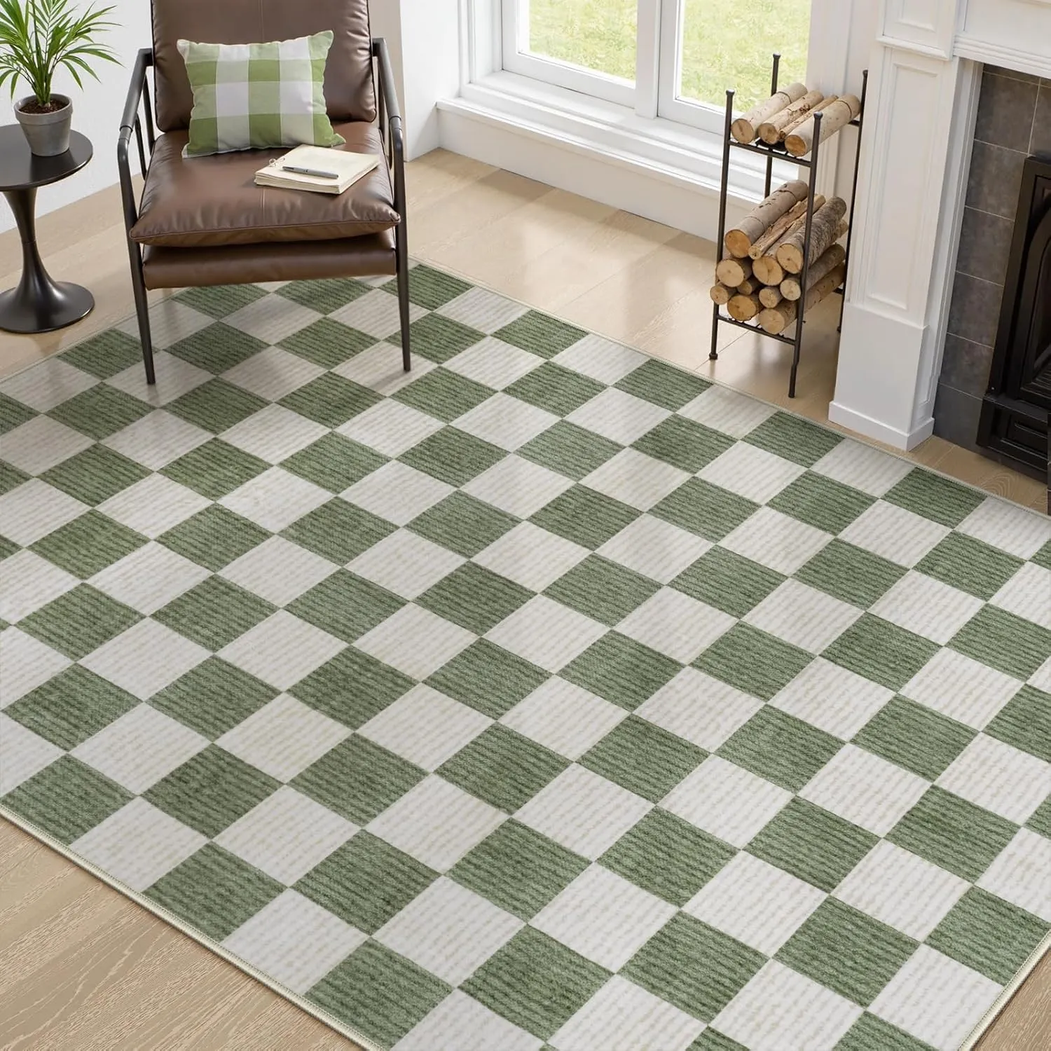 Machine Washable 5x7 Area Rugs for Living Room Checkered, Non Slip Soft Low Pile Farmhouse Geometric Modern Neutral Playroom Boys Rugs for Bedroom, Large Carpet Rugs for Dining Room(Green,5'x7')