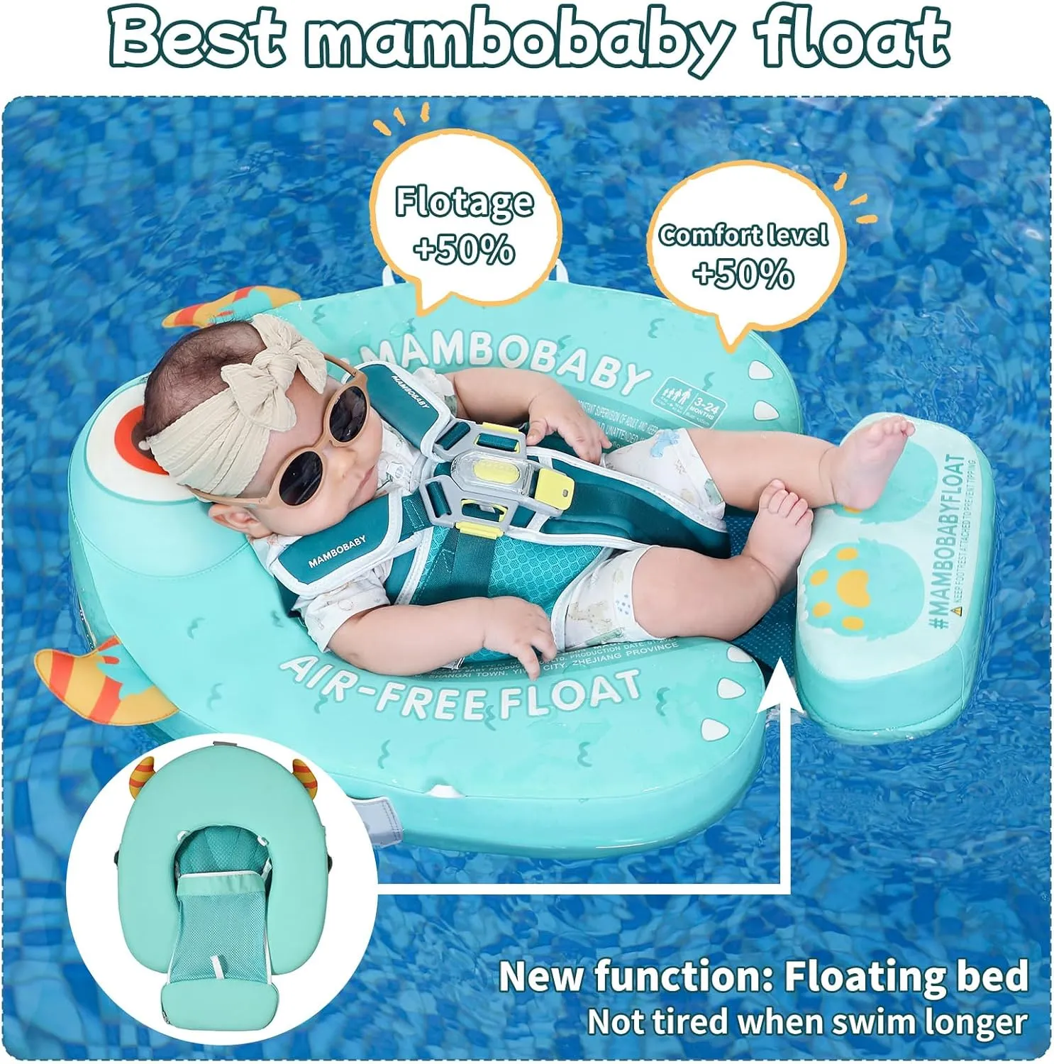 Mambobaby Float with Canopy Size Improved Non Inflatable Infant Baby Pool Float Smart Mambo Float Swim Trainer Add Tail Baby Swim Float Mambo Baby Float Solid Air Free Water Waist Swimming Ring