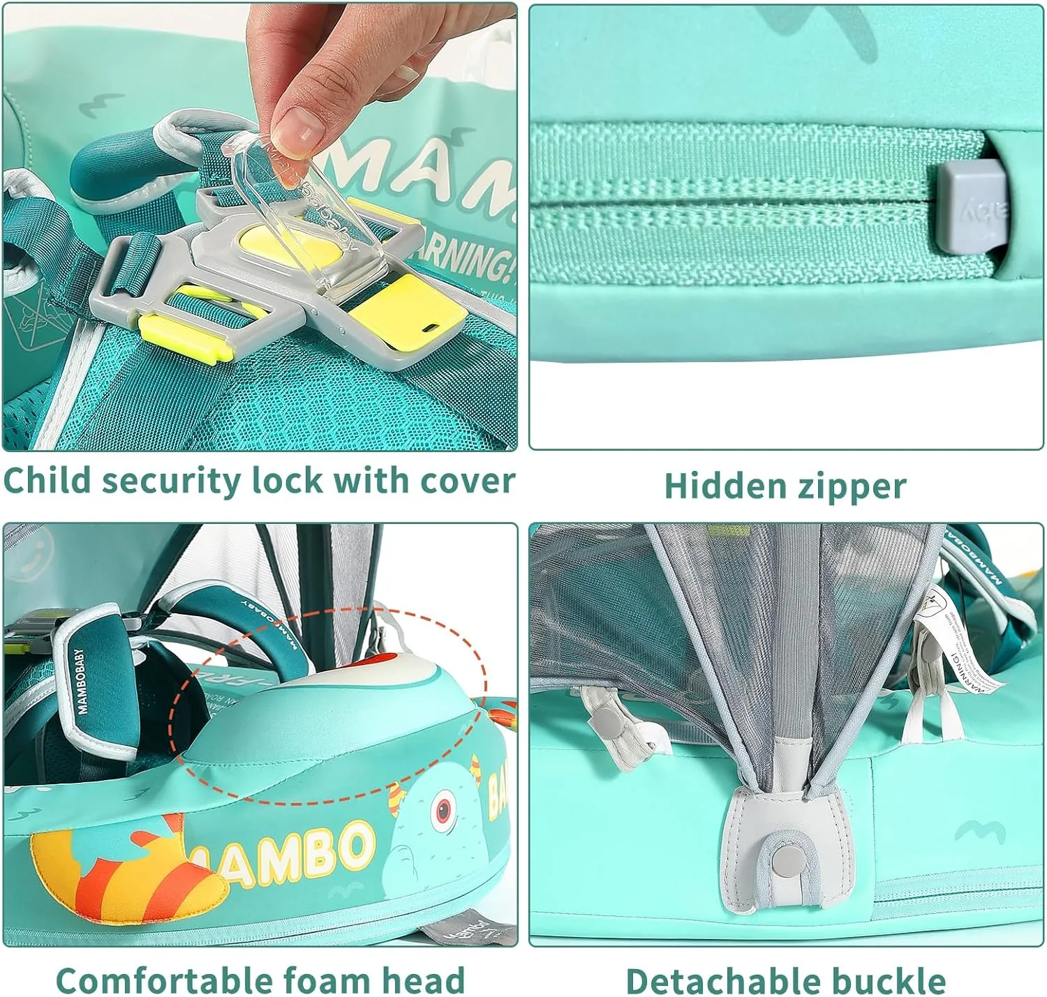 Mambobaby Float with Canopy Size Improved Non Inflatable Infant Baby Pool Float Smart Mambo Float Swim Trainer Add Tail Baby Swim Float Mambo Baby Float Solid Air Free Water Waist Swimming Ring