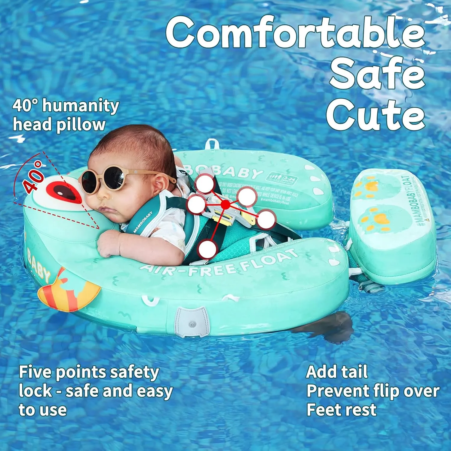 Mambobaby Float with Canopy Size Improved Non Inflatable Infant Baby Pool Float Smart Mambo Float Swim Trainer Add Tail Baby Swim Float Mambo Baby Float Solid Air Free Water Waist Swimming Ring