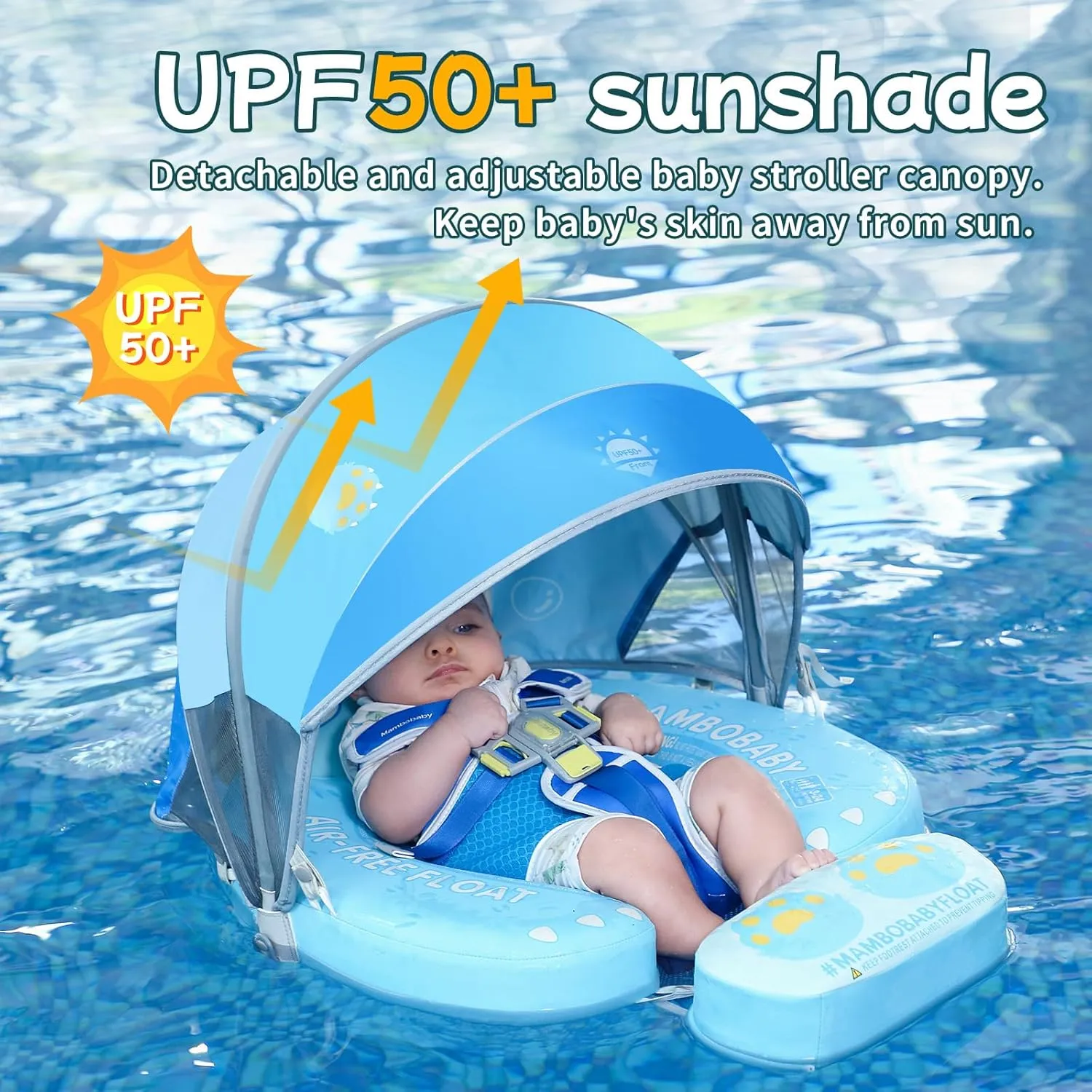 Mambobaby Float with Canopy Size Improved Non Inflatable Infant Baby Pool Float Smart Mambo Float Swim Trainer Add Tail Baby Swim Float Mambo Baby Float Solid Air Free Water Waist Swimming Ring
