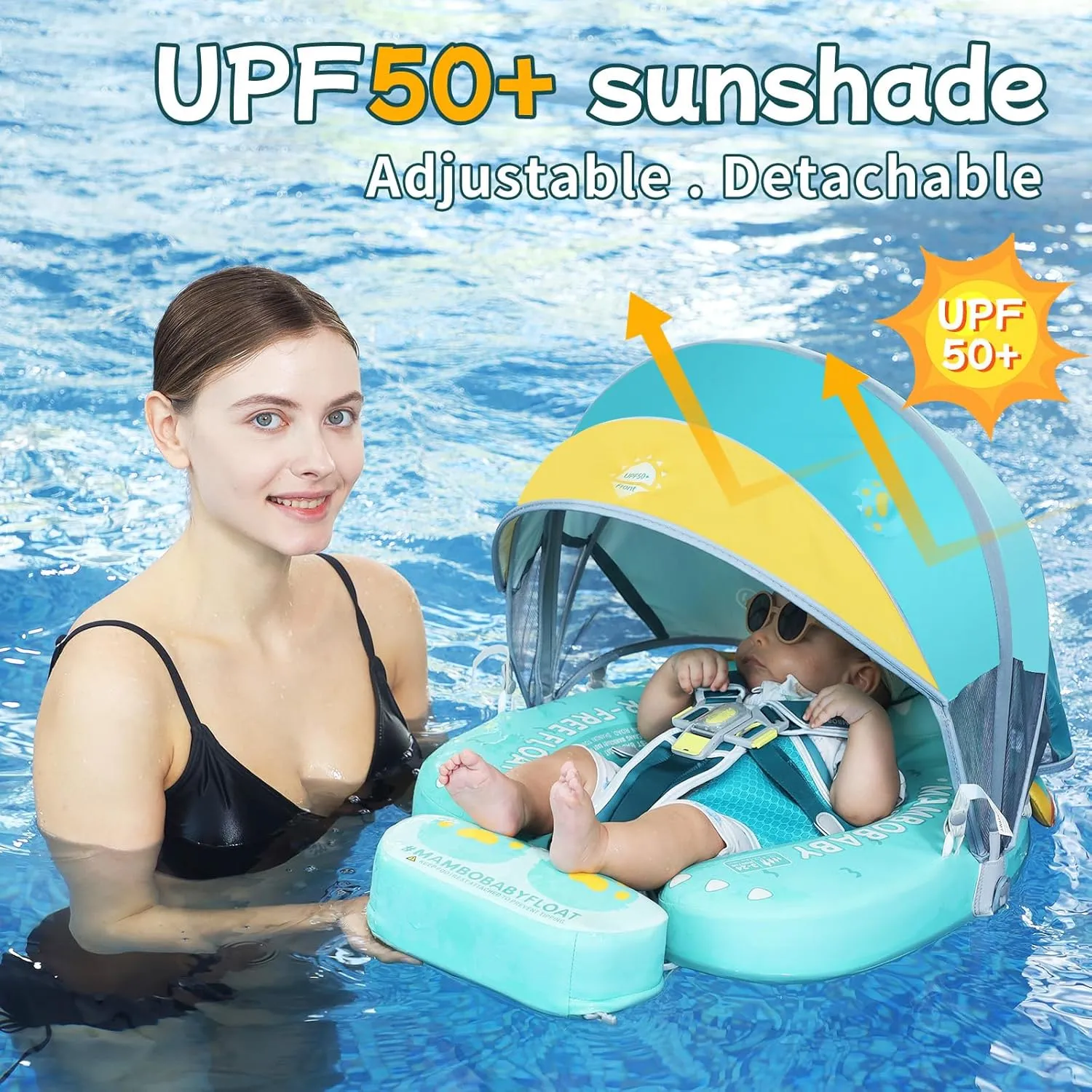 Mambobaby Float with Canopy Size Improved Non Inflatable Infant Baby Pool Float Smart Mambo Float Swim Trainer Add Tail Baby Swim Float Mambo Baby Float Solid Air Free Water Waist Swimming Ring