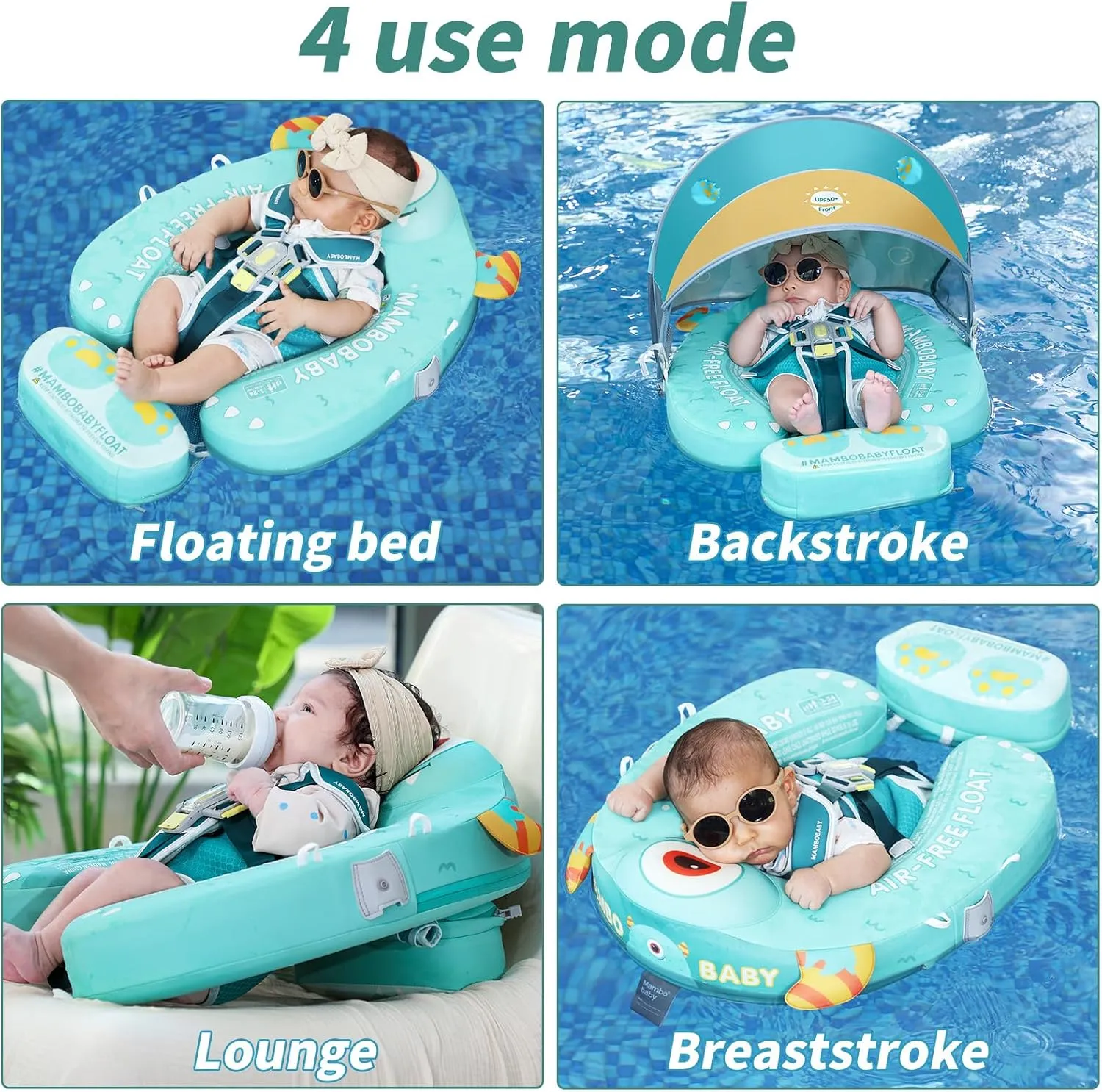 Mambobaby Float with Canopy Size Improved Non Inflatable Infant Baby Pool Float Smart Mambo Float Swim Trainer Add Tail Baby Swim Float Mambo Baby Float Solid Air Free Water Waist Swimming Ring