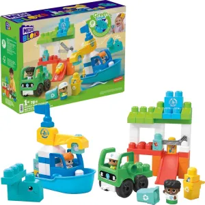 MEGA BLOKS Fisher-Price Toddler Building Blocks Toy Set, Green Town Ocean Time Clean Up with 70 Pieces, 3 Figures, Ages 1  Years