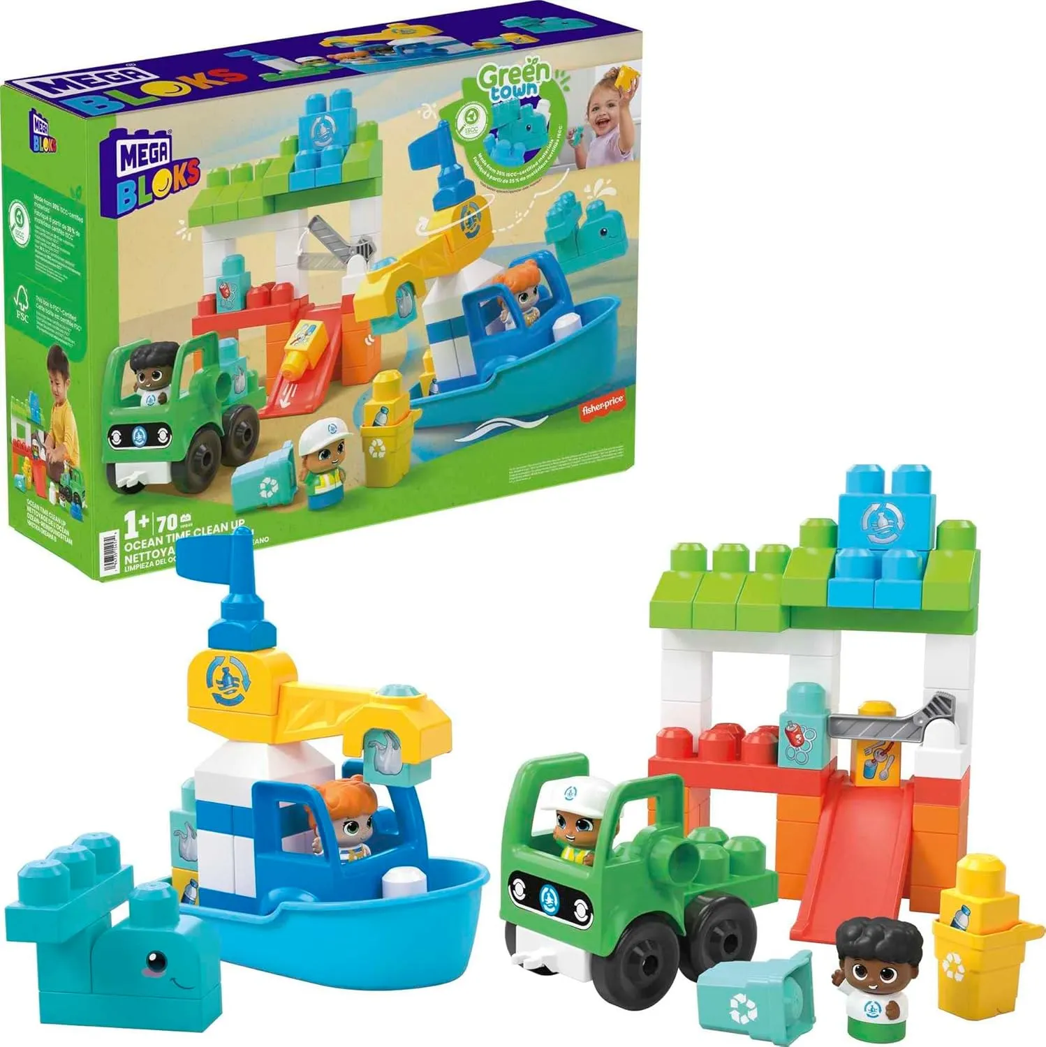 MEGA BLOKS Fisher-Price Toddler Building Blocks Toy Set, Green Town Ocean Time Clean Up with 70 Pieces, 3 Figures, Ages 1  Years