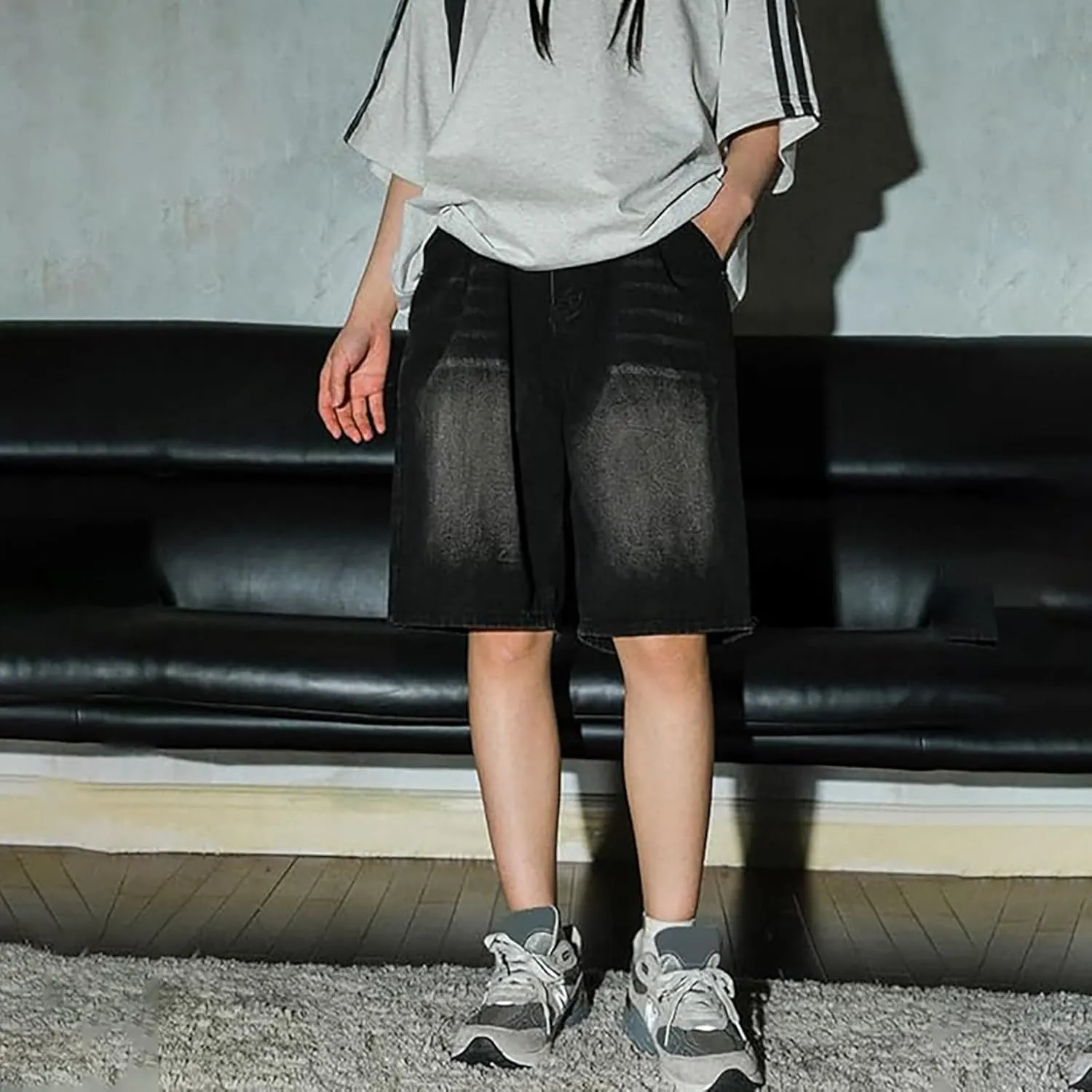 Men Loose Hip Hop Cropped Jean Shorts Work Denim Shorts with Pockets Casual Summer Streetwear Clothes