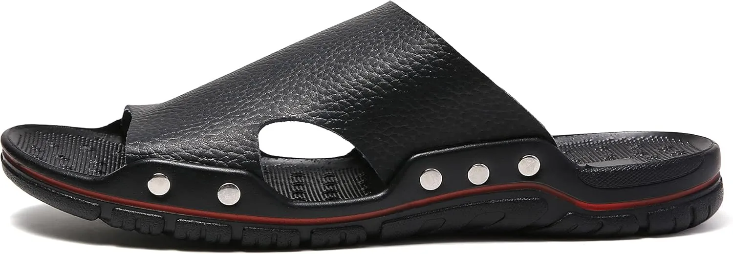 Men's Summer Leather Slide Sandals Open Toe Beach Slippers Shoes