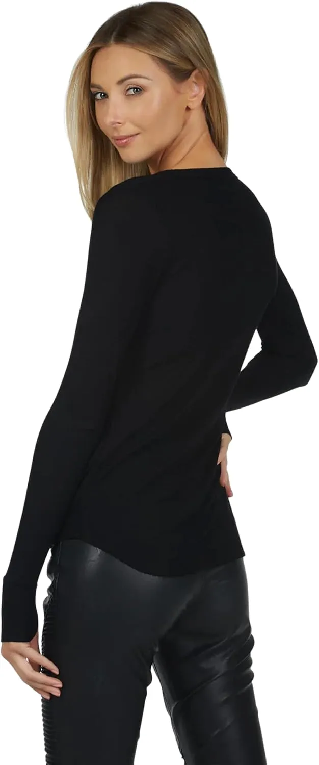 Michael Lauren Alick Core Fitted Tee, Long Sleeve Shirt for Women, Soft Rib Knit Fabric, Stretch Fit Tee, Made in LA (Black)
