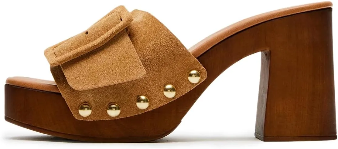 Milooey shoes Women's Open Round Toe Studded Platform Mules Chunkly Block High Heel Slippers Buckle Slip On Sandals Indoor Outdoor Daily Causal Slide Shoes Size 4-16 US