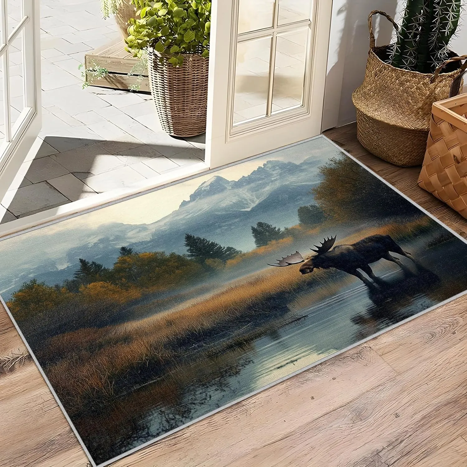 Moose Rugs for Cabin - Moose Rug, 3x5 Rug, Wildlife Nature Forest Mountain Area Rug, Wild Animal Cabin Door Mat, Washable & Non Slip & Soft Small Carpet, Moose Home Decor