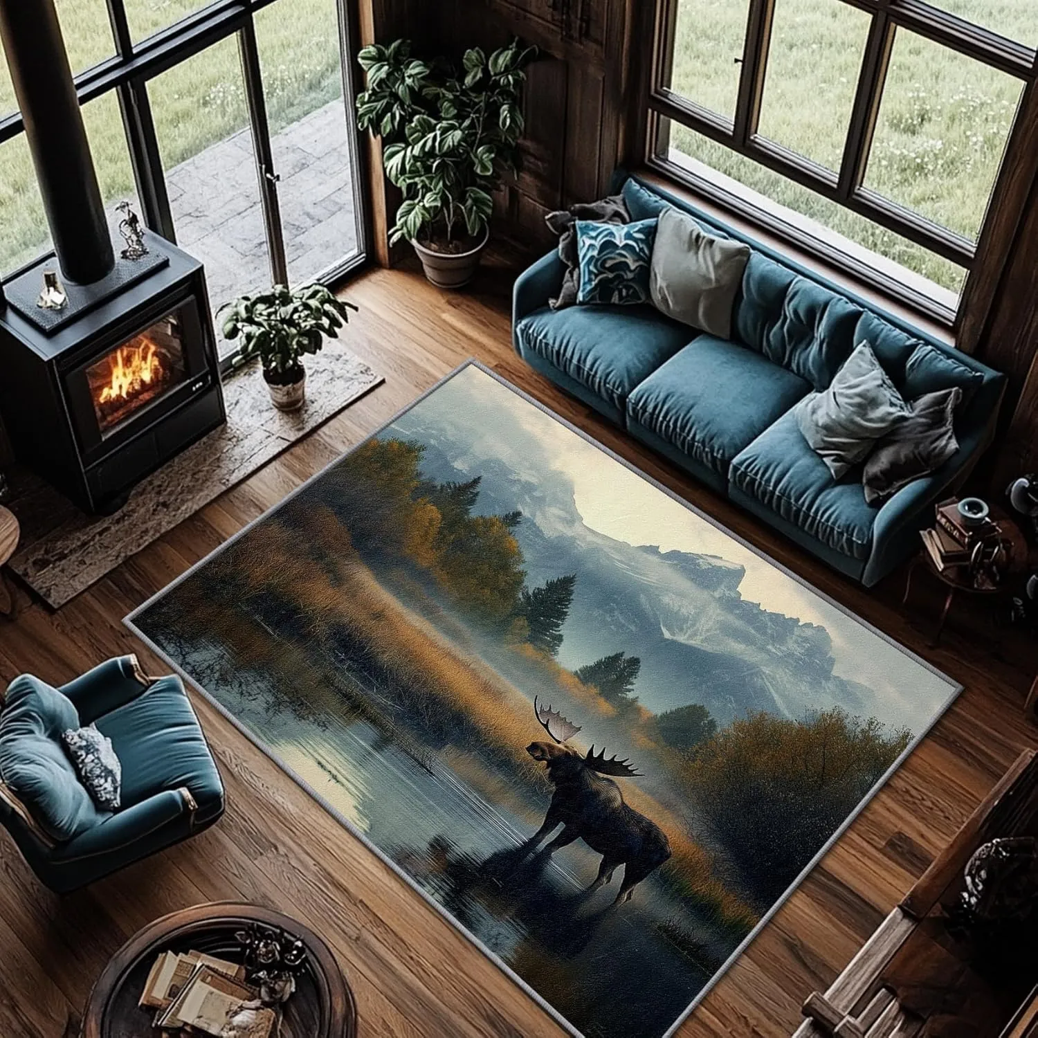 Moose Rugs for Cabin - Moose Rug, 3x5 Rug, Wildlife Nature Forest Mountain Area Rug, Wild Animal Cabin Door Mat, Washable & Non Slip & Soft Small Carpet, Moose Home Decor