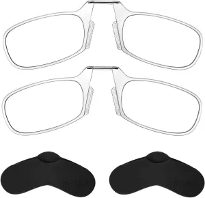 Noble Ultra Slim and Flat Reading Glasses Thin and Flexible Armless (2 Pairs) Enhanced Comfort Nose Rest, Armless Pocket Size Readers with 2 Stick-on Silicone Case Holder (Clear,  1.00)