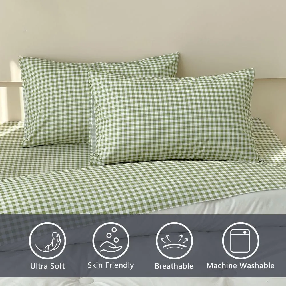 NSNLGSGC Sage Green Gingham Twin Sheet Set, Soft Brushed Microfiber Plaid Twin Bed Sheets, 3-Pieces Sheet Set with Deep Pocket