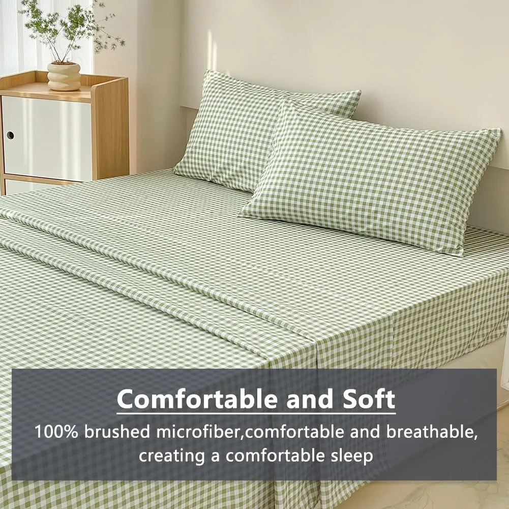 NSNLGSGC Sage Green Gingham Twin Sheet Set, Soft Brushed Microfiber Plaid Twin Bed Sheets, 3-Pieces Sheet Set with Deep Pocket