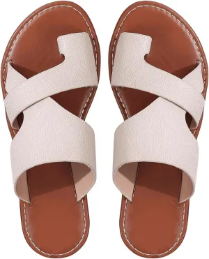 OYOANGLE Women's Pu Leather Open Toe Sandals Strappy Flat Slide On Flip Flops Casual Outdoor Slippers