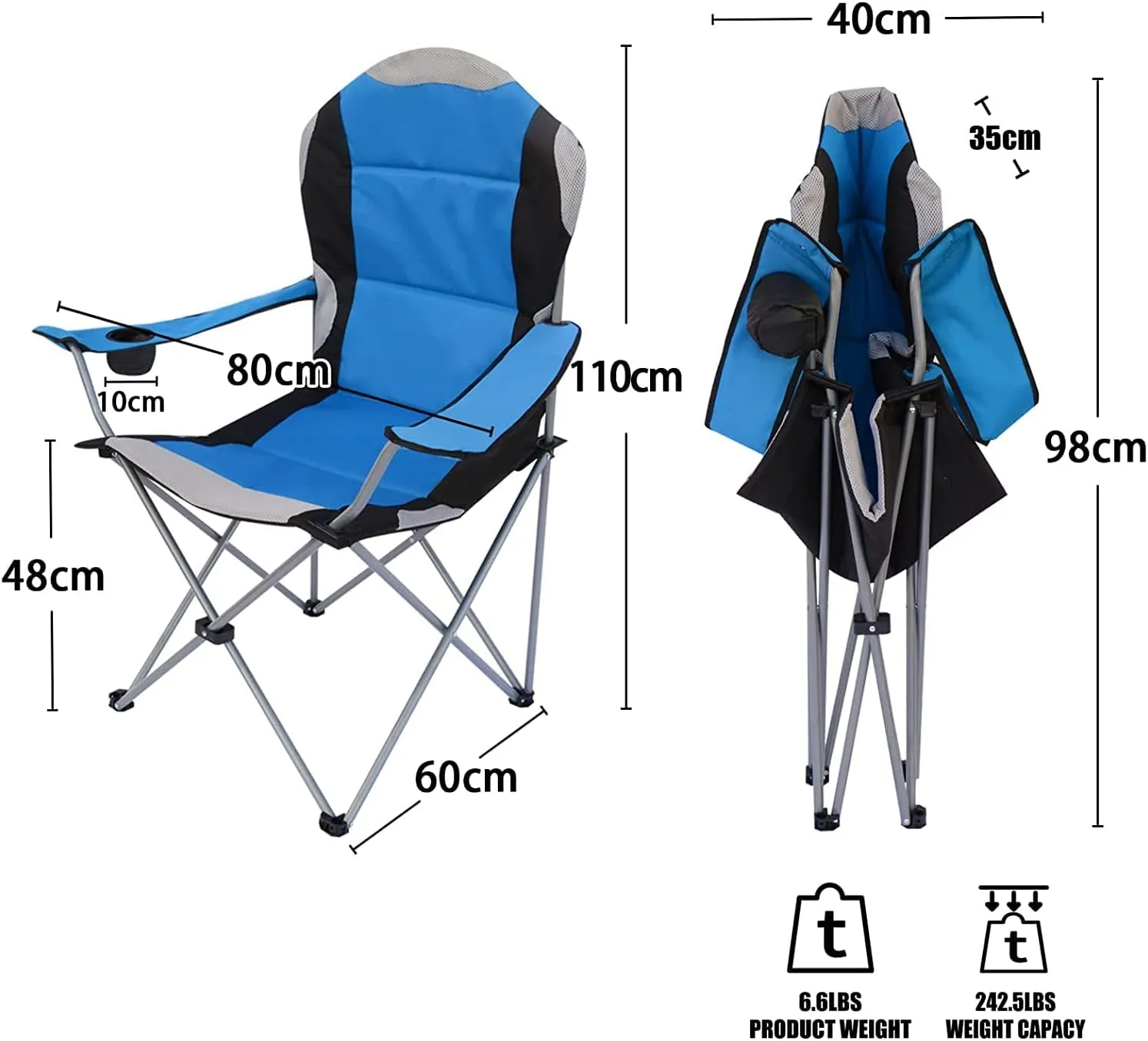 Padded Camping Chairs for Adults with Armrests and Cup Holder, Heavy Duty Folding Chair Portable for Fishing Beach, Perfect for Caravan Trips, BBQs, Garden, Picnic