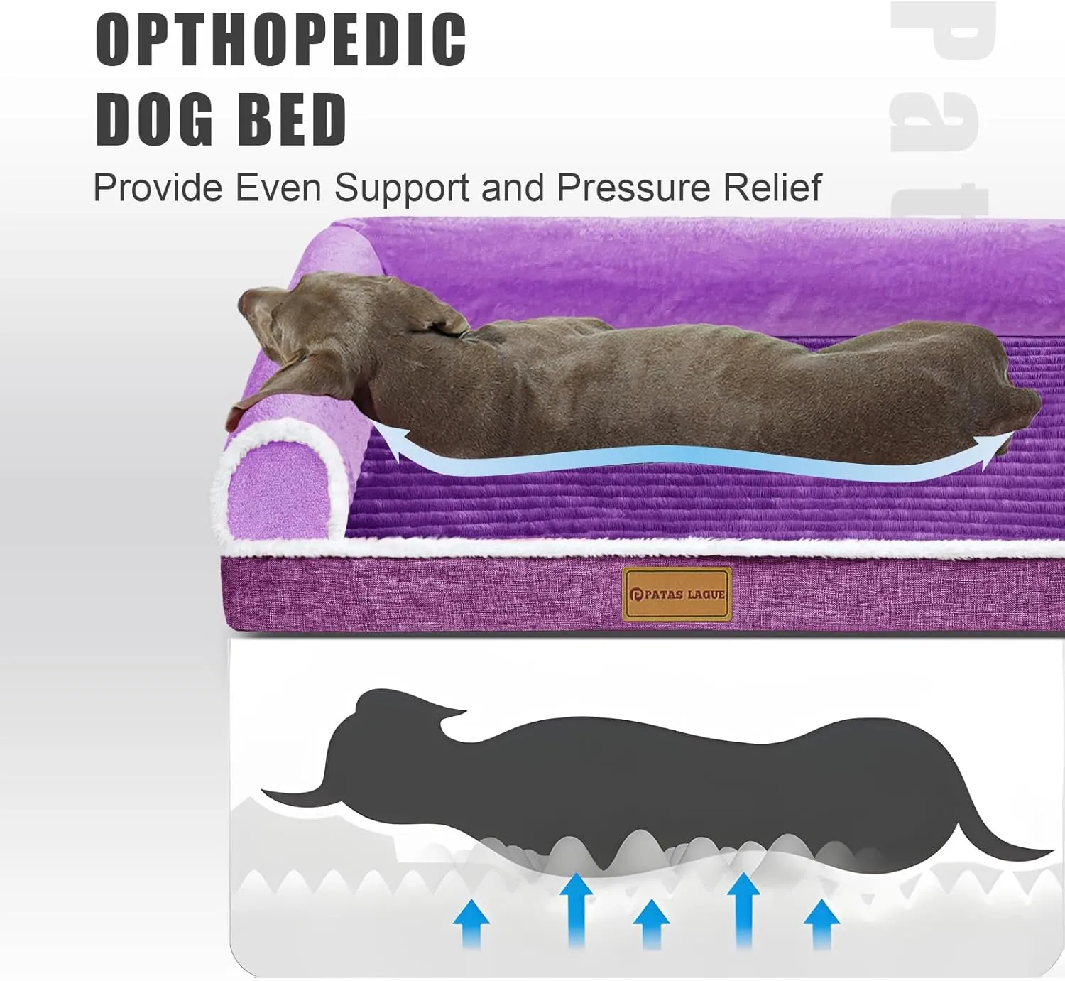 Patas Lague Orthopedic XXL Dog Bed for Extra Large Dogs 48''X30'', Waterproof Comfortable L Shaped Big Large Non-Slip Soft Warm Pet Sofa Sleep Bed mat with Removable Washable Cover, Purple