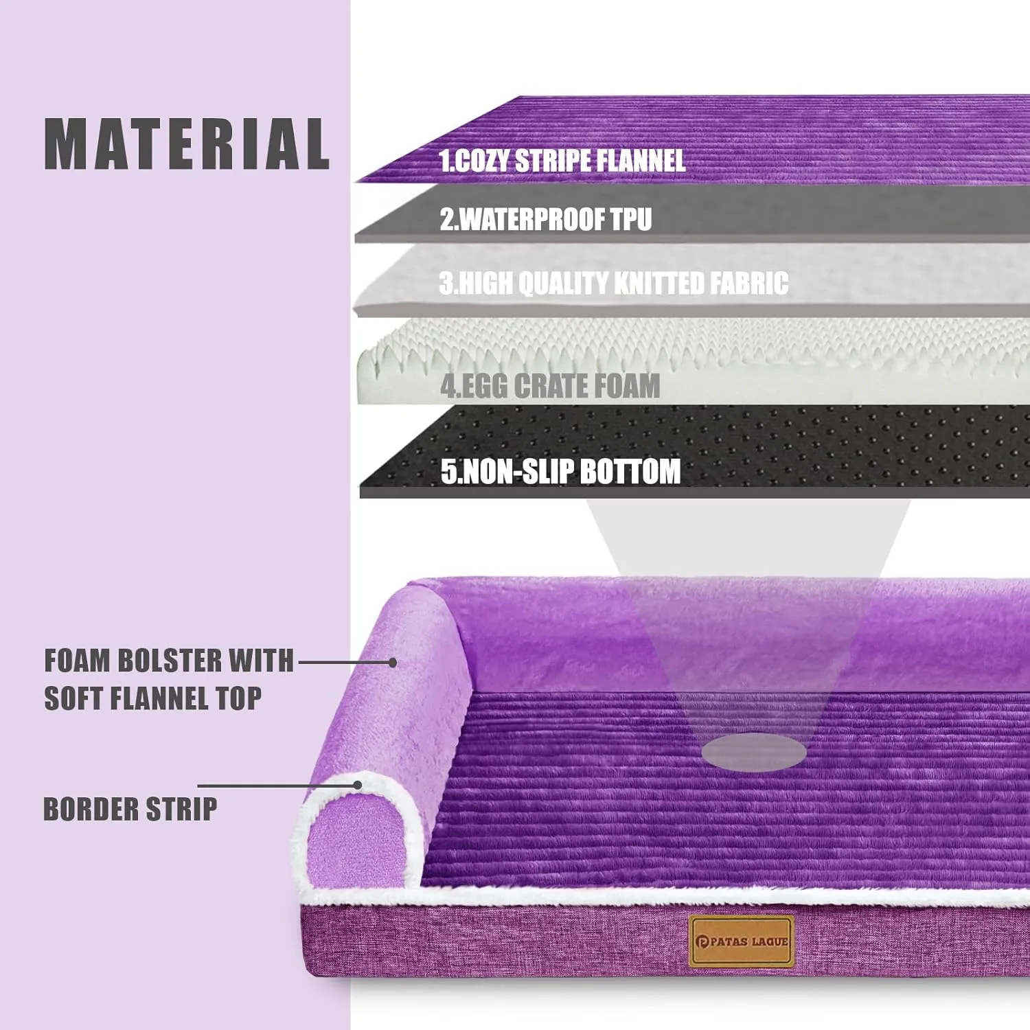 Patas Lague Orthopedic XXL Dog Bed for Extra Large Dogs 48''X30'', Waterproof Comfortable L Shaped Big Large Non-Slip Soft Warm Pet Sofa Sleep Bed mat with Removable Washable Cover, Purple
