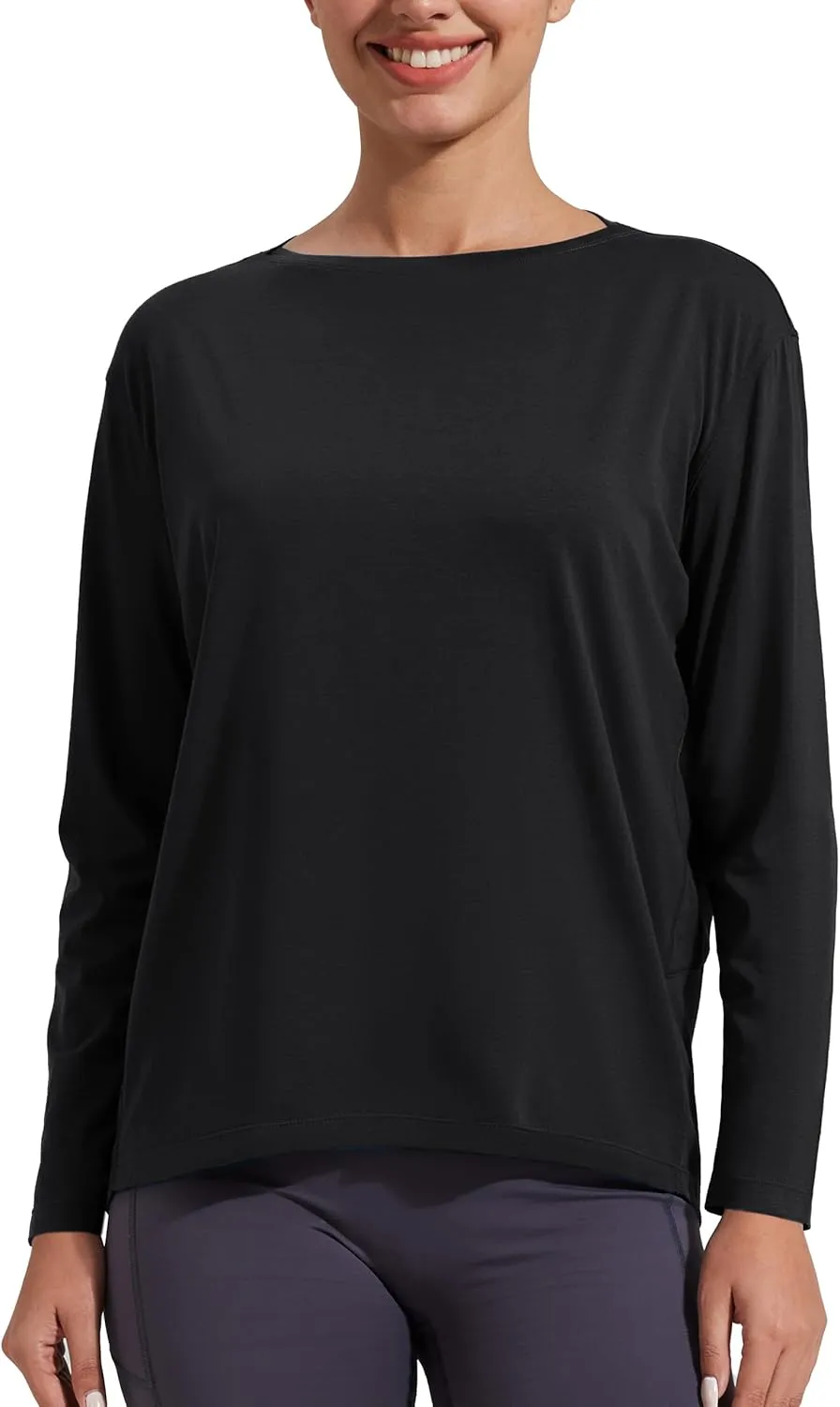 Pioneer Camp Bamboo Viscose Long Sleeve Workout Shirts for Women Back Loose Fit Yoga Athletic T-Shirts Casual Boat Neck Tops