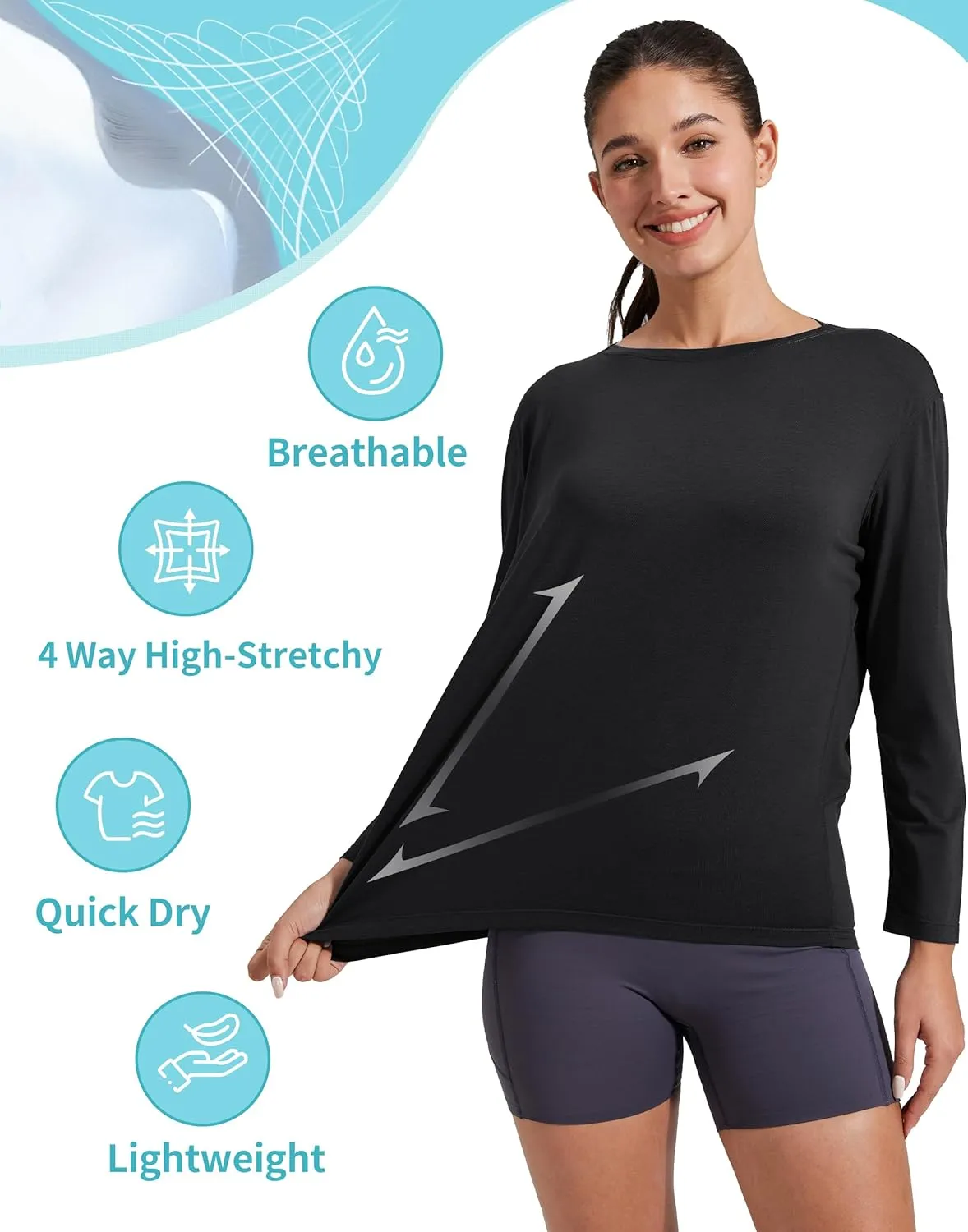 Pioneer Camp Bamboo Viscose Long Sleeve Workout Shirts for Women Back Loose Fit Yoga Athletic T-Shirts Casual Boat Neck Tops
