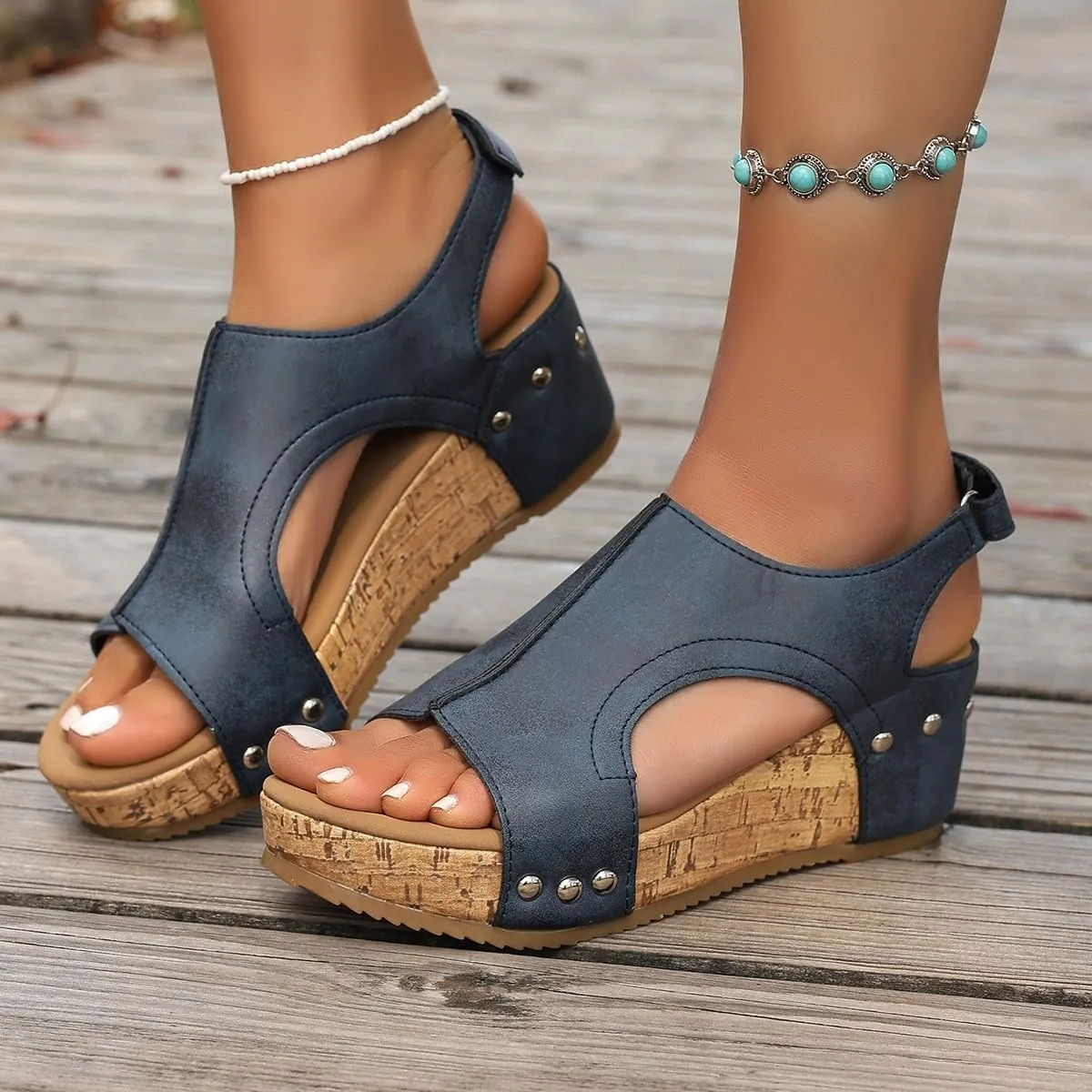 Platform Sandals Women Thick Sole Cork Wedge Sandals Comfy Wide Width Non-Slip Open Toe Summer Beach Slides Sandals