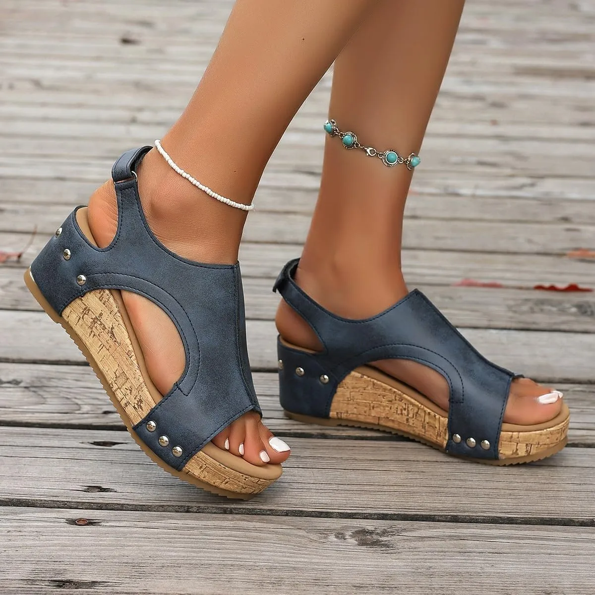 Platform Sandals Women Thick Sole Cork Wedge Sandals Comfy Wide Width Non-Slip Open Toe Summer Beach Slides Sandals
