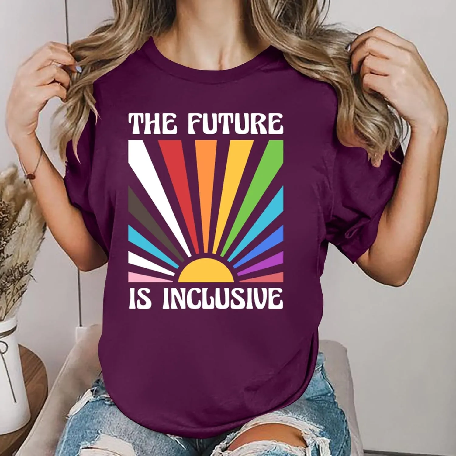Pride Shirts for Women Rainbow Tee Shirt The Future is Inclusive Letter Print Short Sleeve LGBTQ Casual Tops
