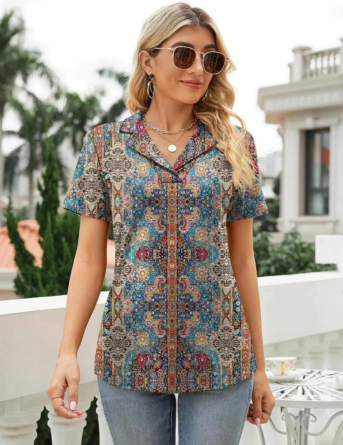 Rapbin Women's Polo Shirts Lapel Collar V Neck Short Sleeve Blouse Dressy Casual Tunic Tops