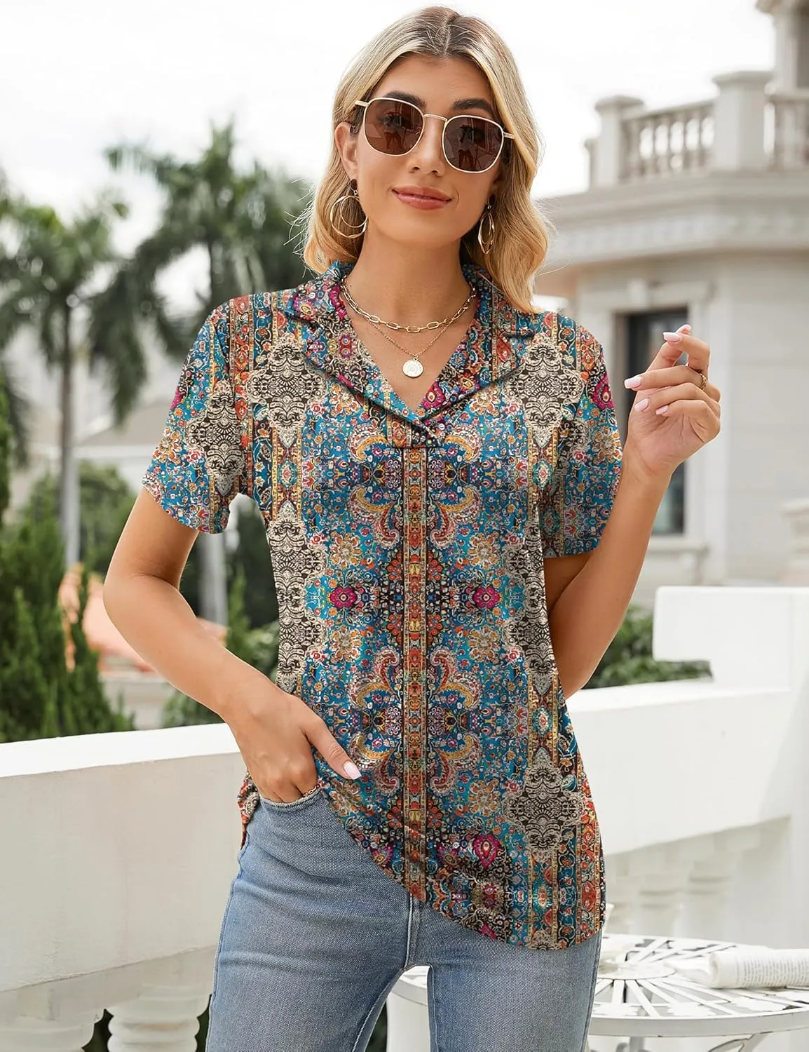Rapbin Women's Polo Shirts Lapel Collar V Neck Short Sleeve Blouse Dressy Casual Tunic Tops